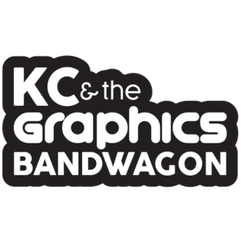 Black and white logo with bold text reading “KC & the Graphics Bandwagon” in a playful, rounded font within a cloud-like shape.